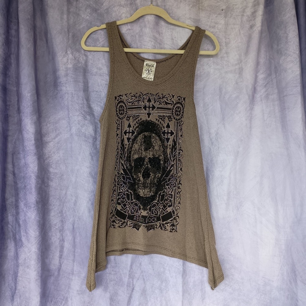 Vocal Made in USA Rhinestone Skull Fleur de Lis Open Knit Tank Top